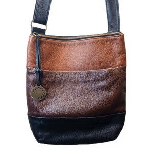 Allo Crossbody Bag Genuine Leather Three Tone Brown Black Medium Boho Purse